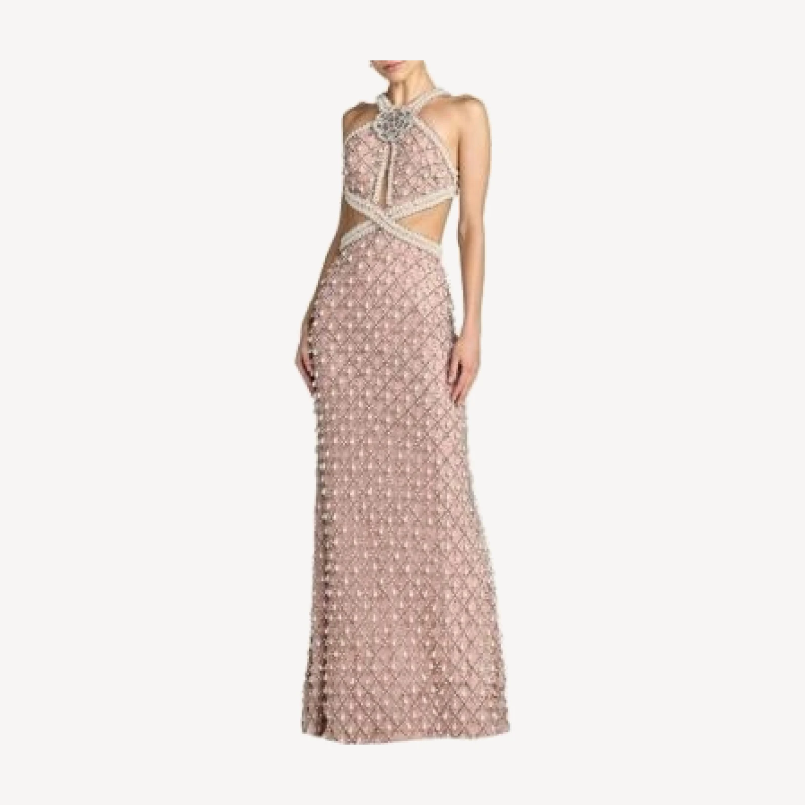 Mac Duggal Sleeveless Halter Cutout Pearl Embellished Gown