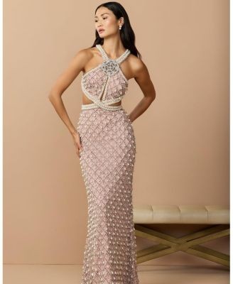 Mac Duggal Sleeveless Halter Cutout Pearl Embellished Gown