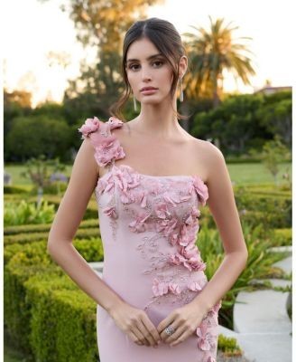 Mac Duggal Crepe One Shoulder Floral Embellished Mermaid Evening Gown