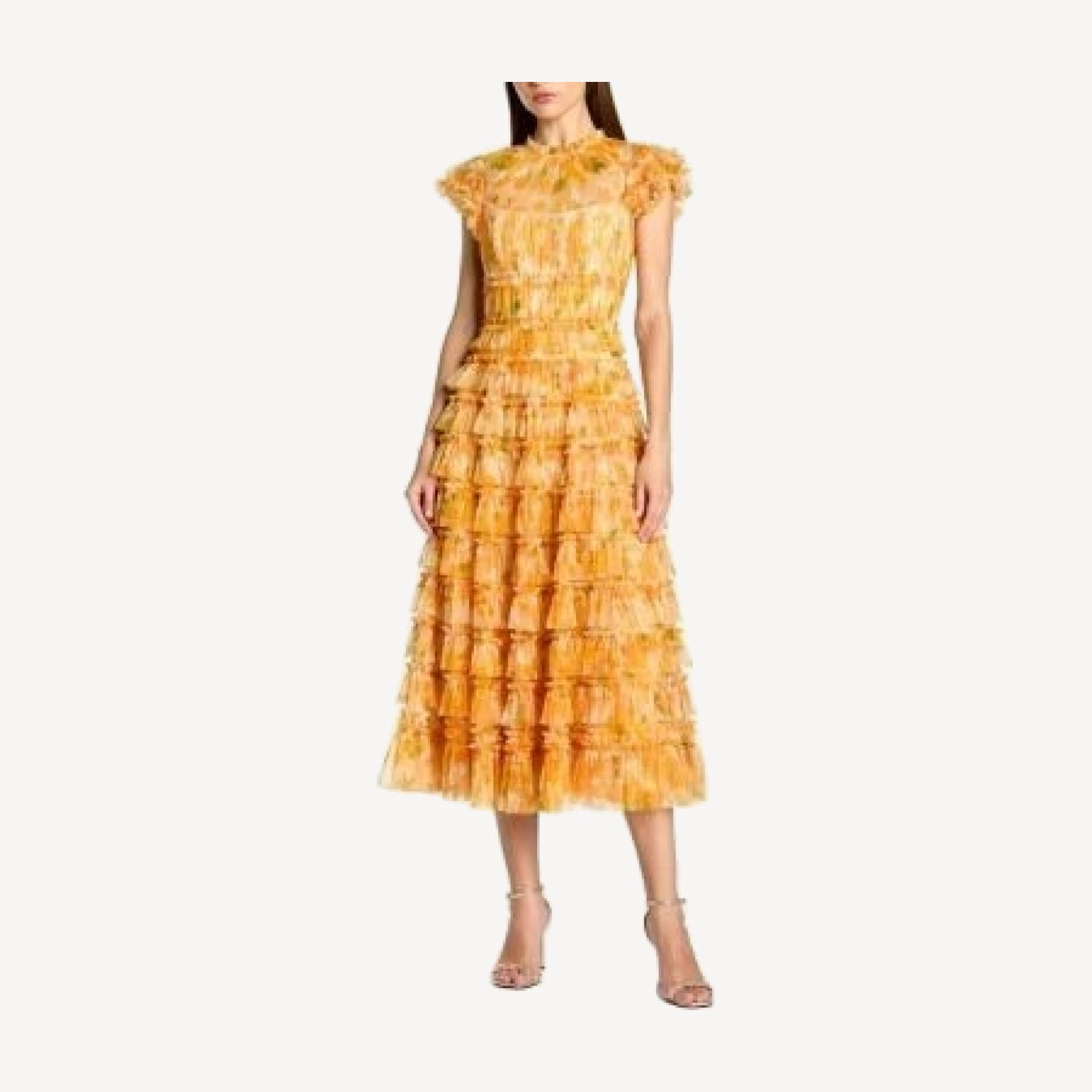 Mac Duggal Mesh Micro Ruffle High Neck Cap Sleeve Midi Dress