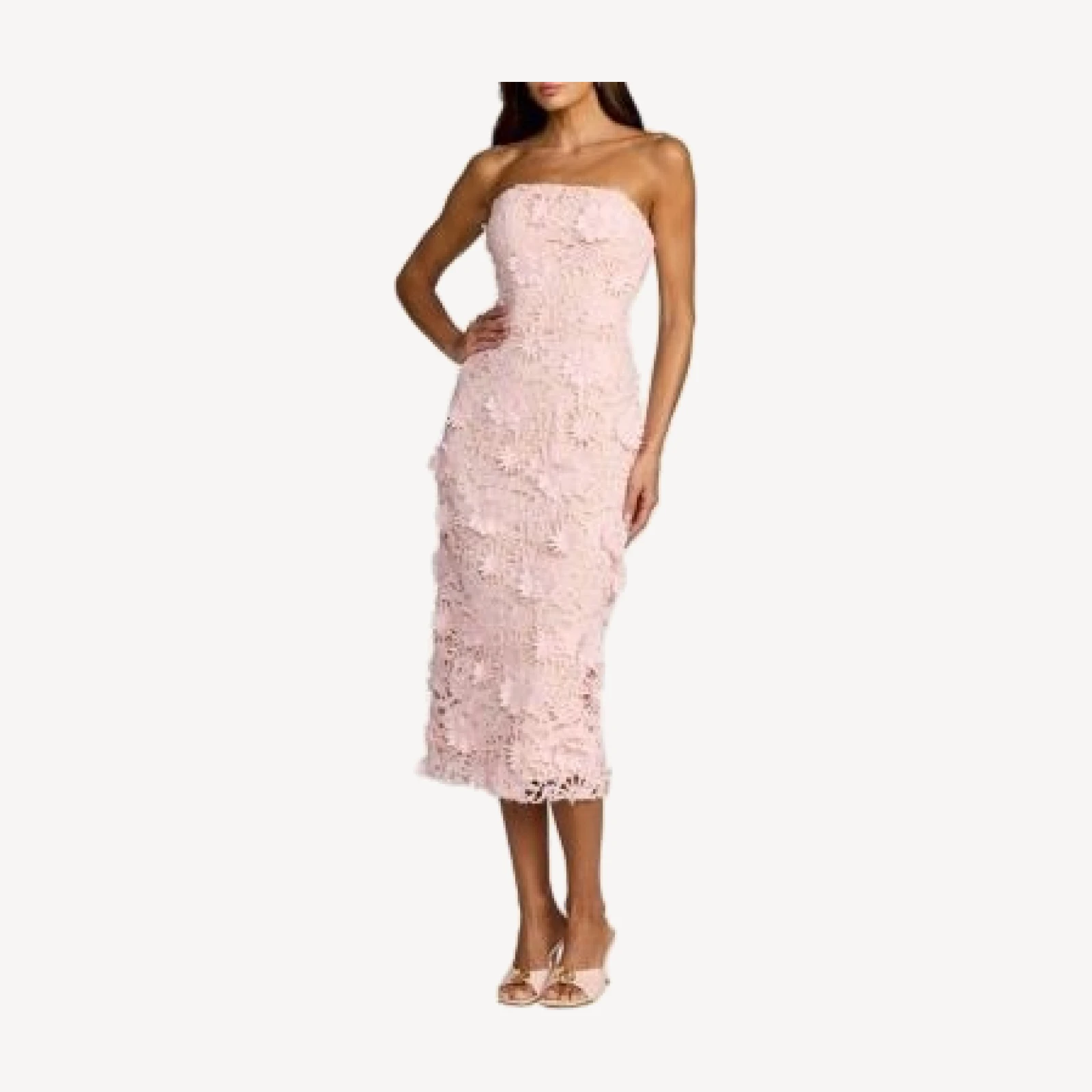 Mac Duggal Strapless Lace Floral Detail Fitted Midi Dress