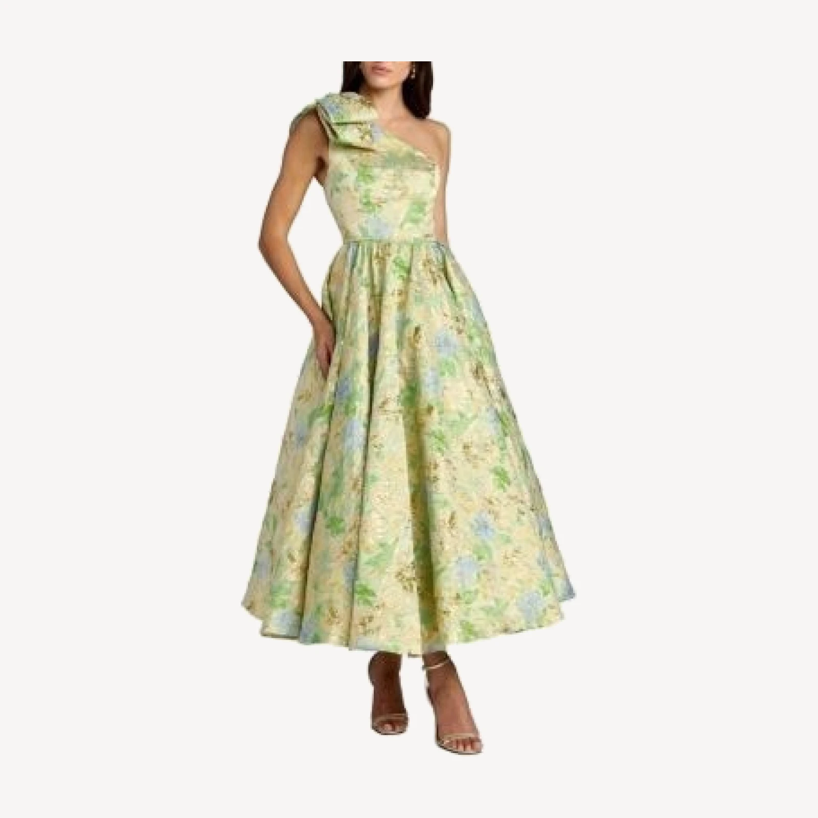 Mac Duggal One-Shoulder Floral Brocade Midi Dress with Bow Detail
