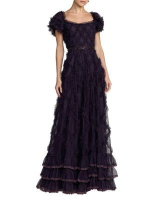 Mac Duggal Mesh Short Sleeve Scoop Neck Ruffle A Line Dress