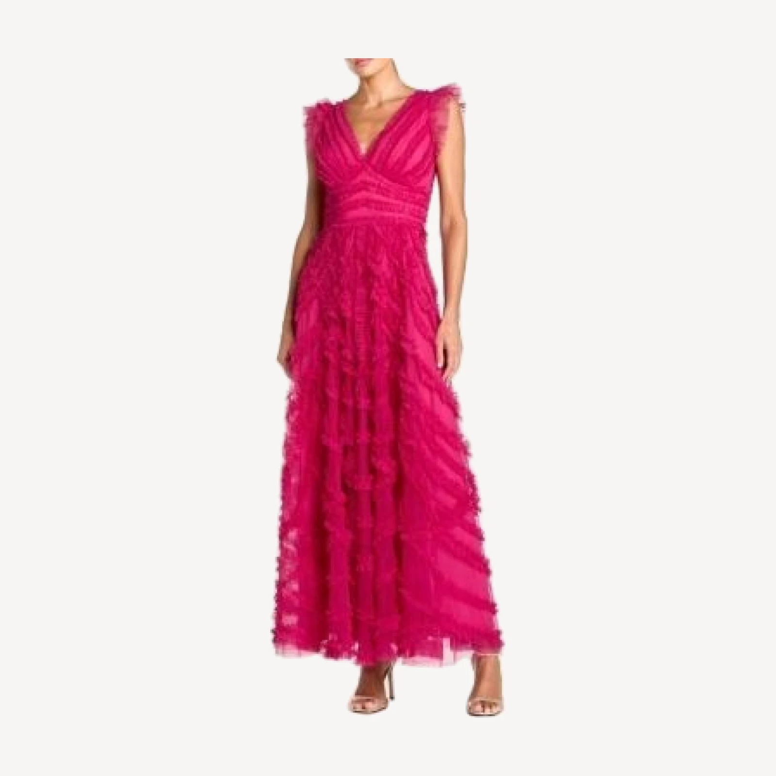 Mac Duggal V-Neck Cap Sleeve Ruffle Maxi Dress