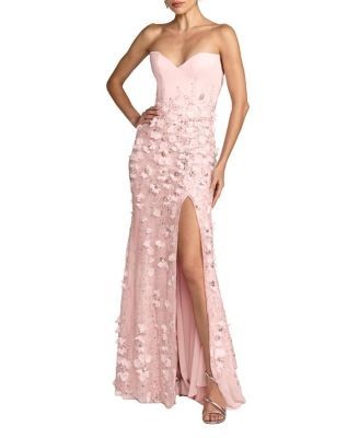 Mac Duggal Floral Satin Strapless Sweetheart Gown with Slit