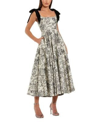 Mac Duggal Brocade A Line Midi Dress with Bow Straps