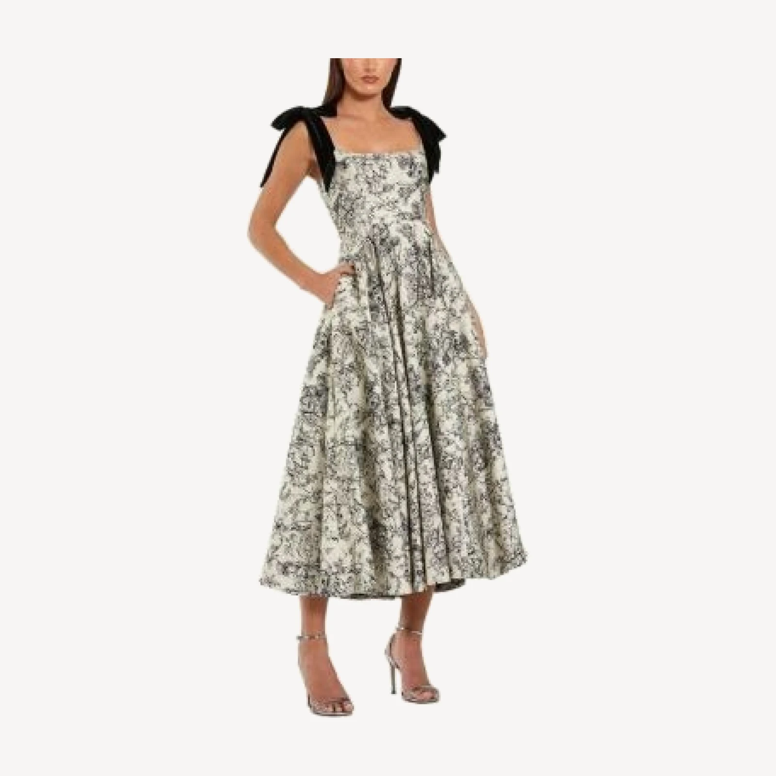 Mac Duggal Brocade A Line Midi Dress with Bow Straps