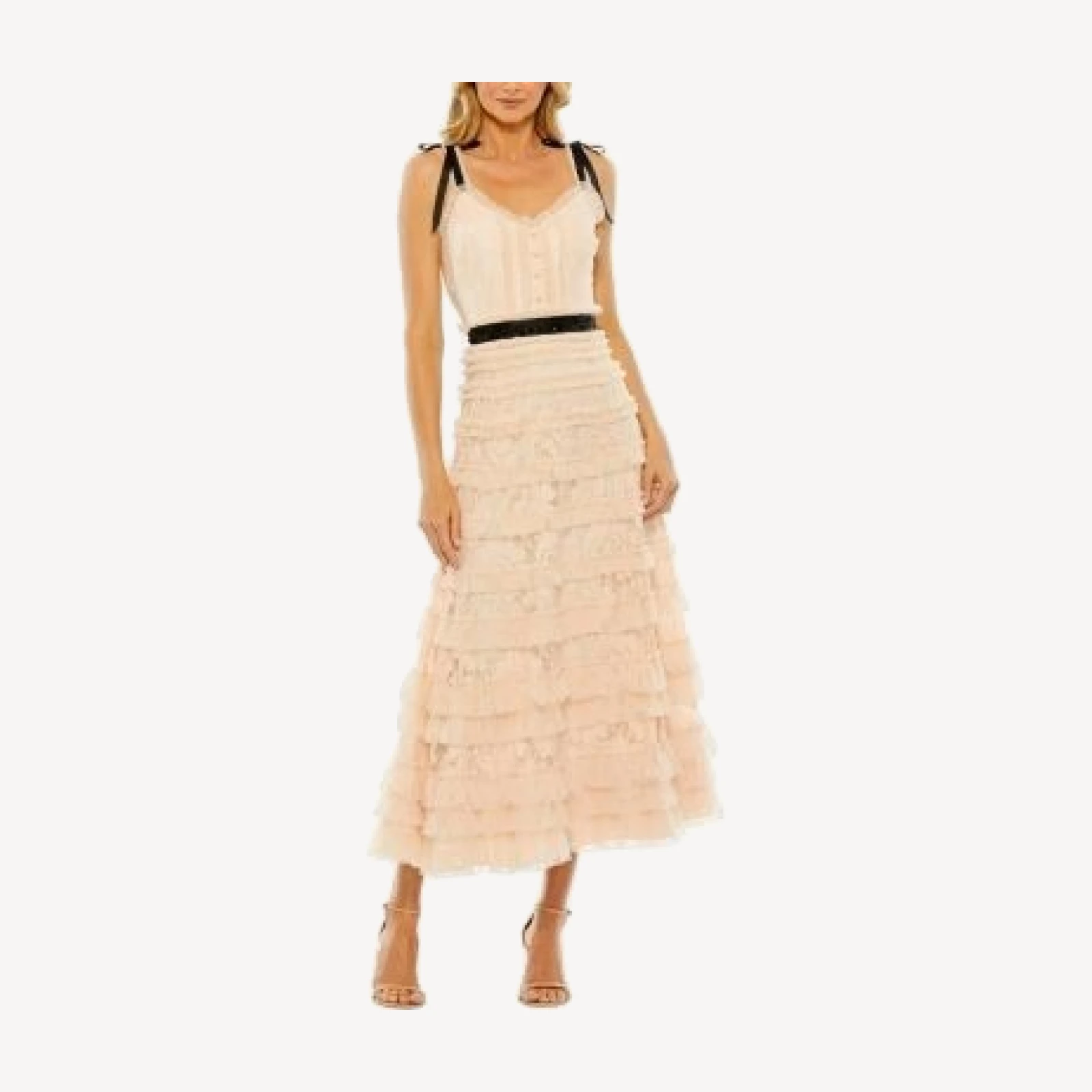 Mac Duggal Thin Beaded Bow Strap Multi Ruffle Lace Dress