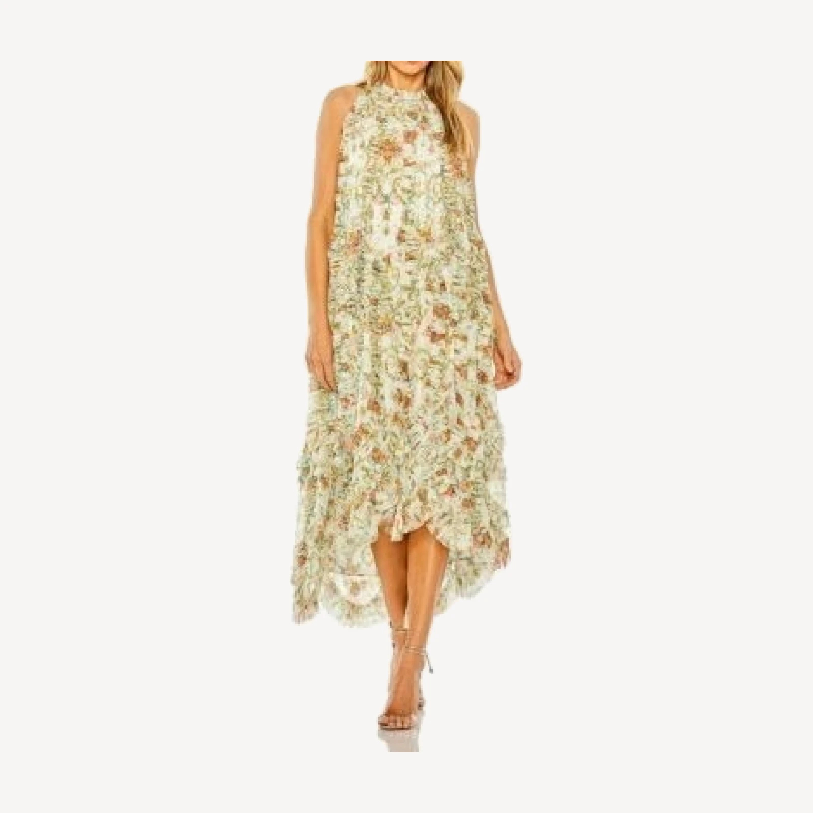 Mac Duggal Sleeveless High Neck Lattice Ruffle Floral Dress