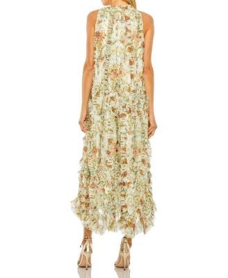 Mac Duggal Sleeveless High Neck Lattice Ruffle Floral Dress