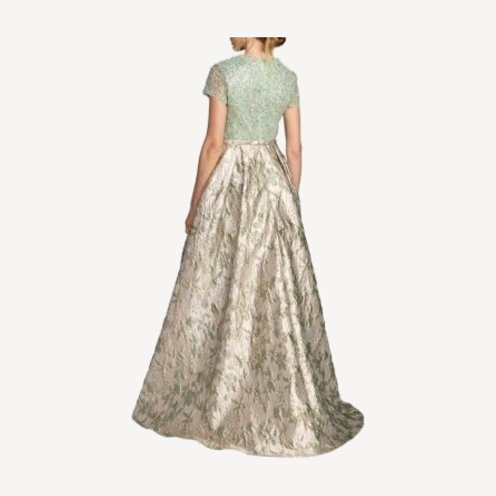 Mac Duggal Beaded Cap Sleeve Ball Gown with Metallic Brocade Skirt