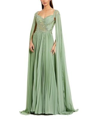 Mac Duggal Cape Sleeve Pleated Charmeuse Beaded Gown