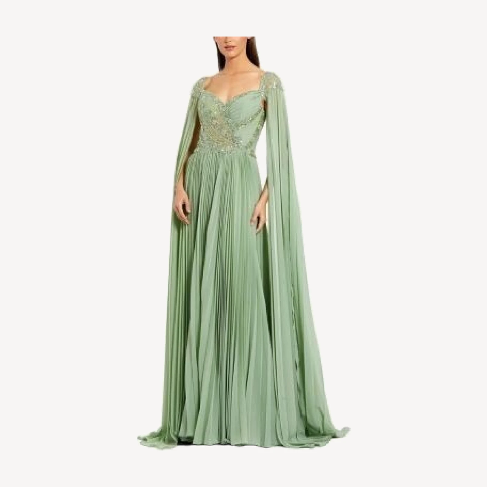 Mac Duggal Cape Sleeve Pleated Charmeuse Beaded Gown