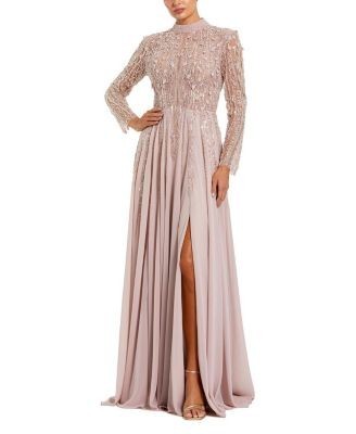 Mac Duggal Embellished Long Sleeve Chiffon Skirt Gown