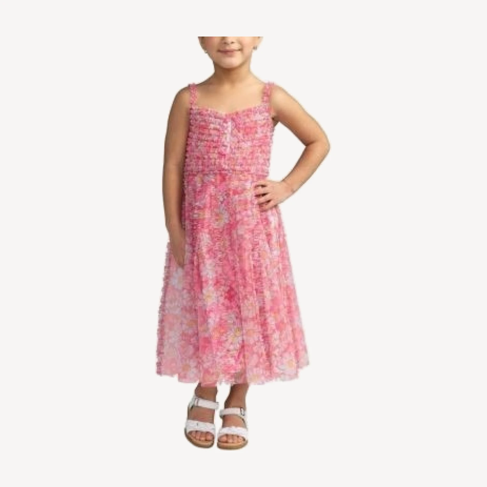 Mac Duggal Girls' Mesh V-Neck Floral Print Mini Dress - Little Kid, Big Kid