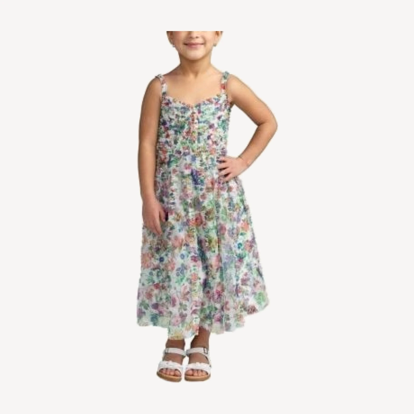 Mac Duggal Girls' Mesh V-Neck Floral Print Mini Dress - Little Kid, Big Kid