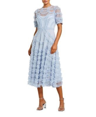 Mac Duggal High Neck Short Sleeve Ruffled Midi Dress