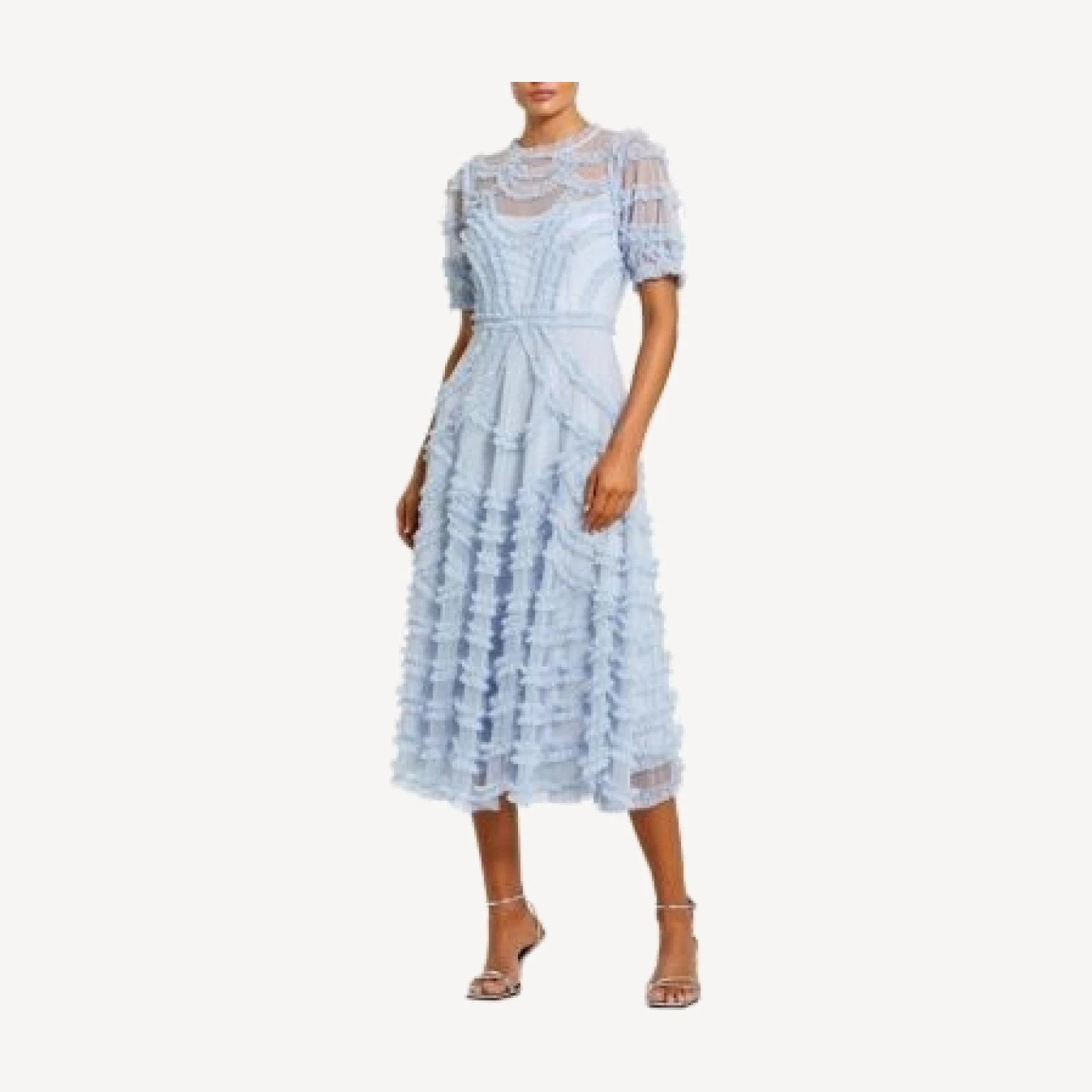 Mac Duggal High Neck Short Sleeve Ruffled Midi Dress
