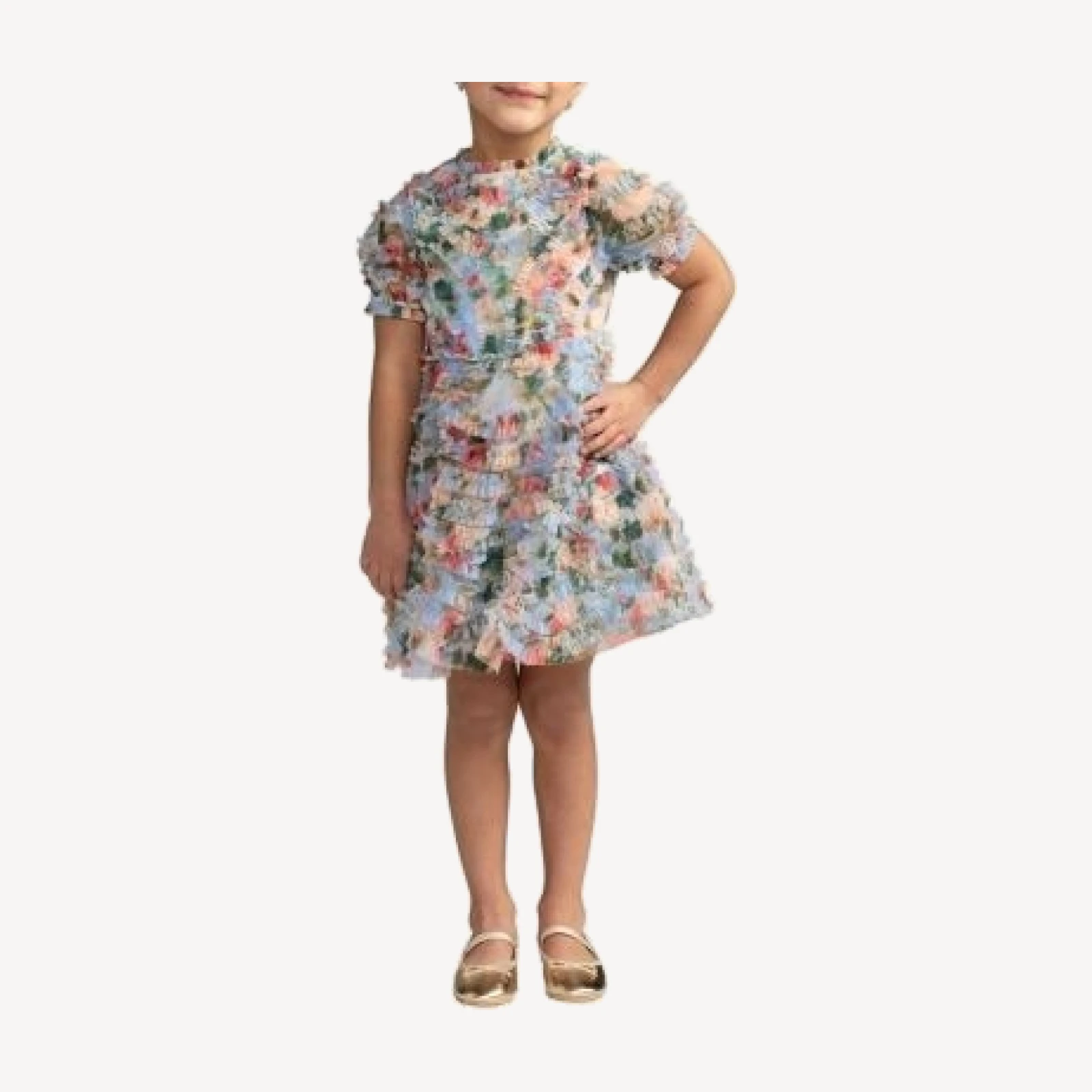 Mac Duggal Girls' Floral Mesh Ruffle Puff Sleeve Dress - Little Kid, Big Kid