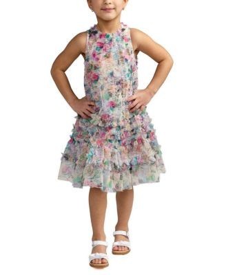 Mac Duggal Girls' Mesh Floral Print A-Line Dress - Little Kid, Big Kid