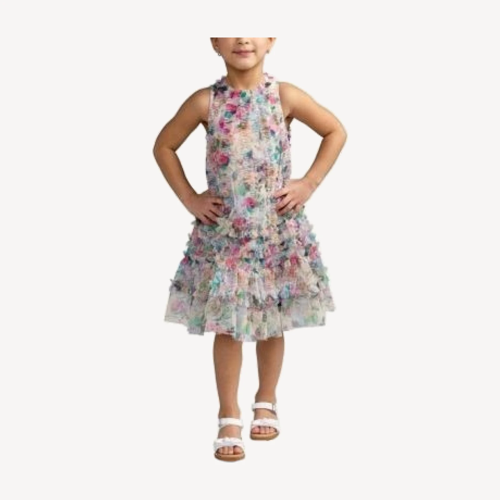 Mac Duggal Girls' Mesh Floral Print A-Line Dress - Little Kid, Big Kid