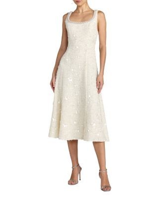 Mac Duggal Boucle Embellished Square Neck A Line Midi Dress