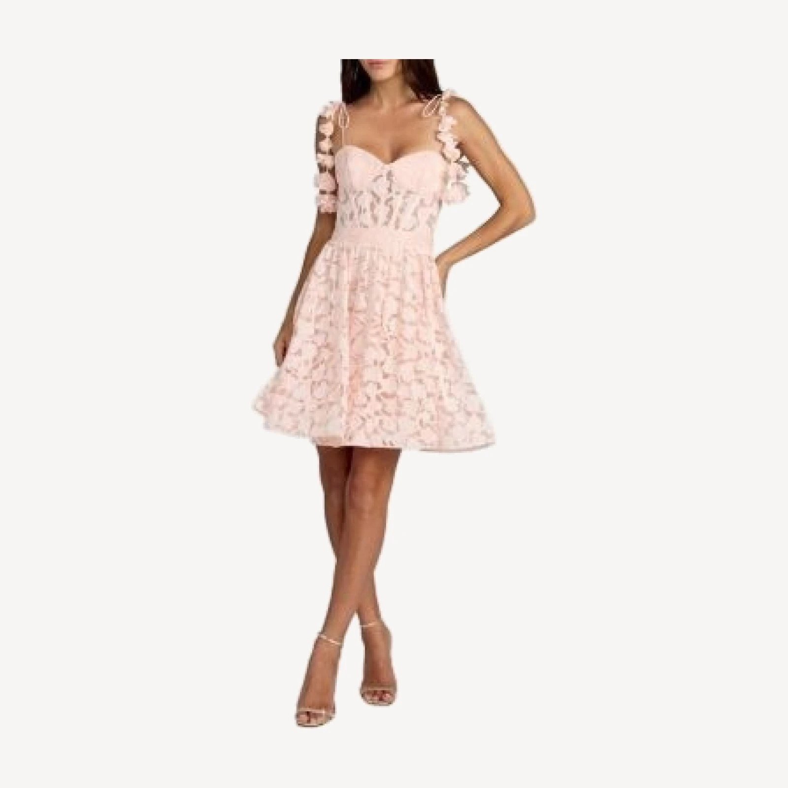 Mac Duggal Floral Net Tie Strap Bustier Ruffle Mini Dress