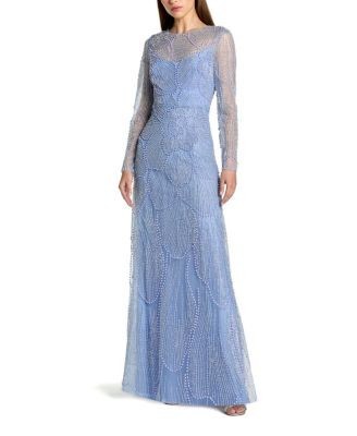 Mac Duggal Beaded Mesh High Neck Long Sleeve A Line Gown