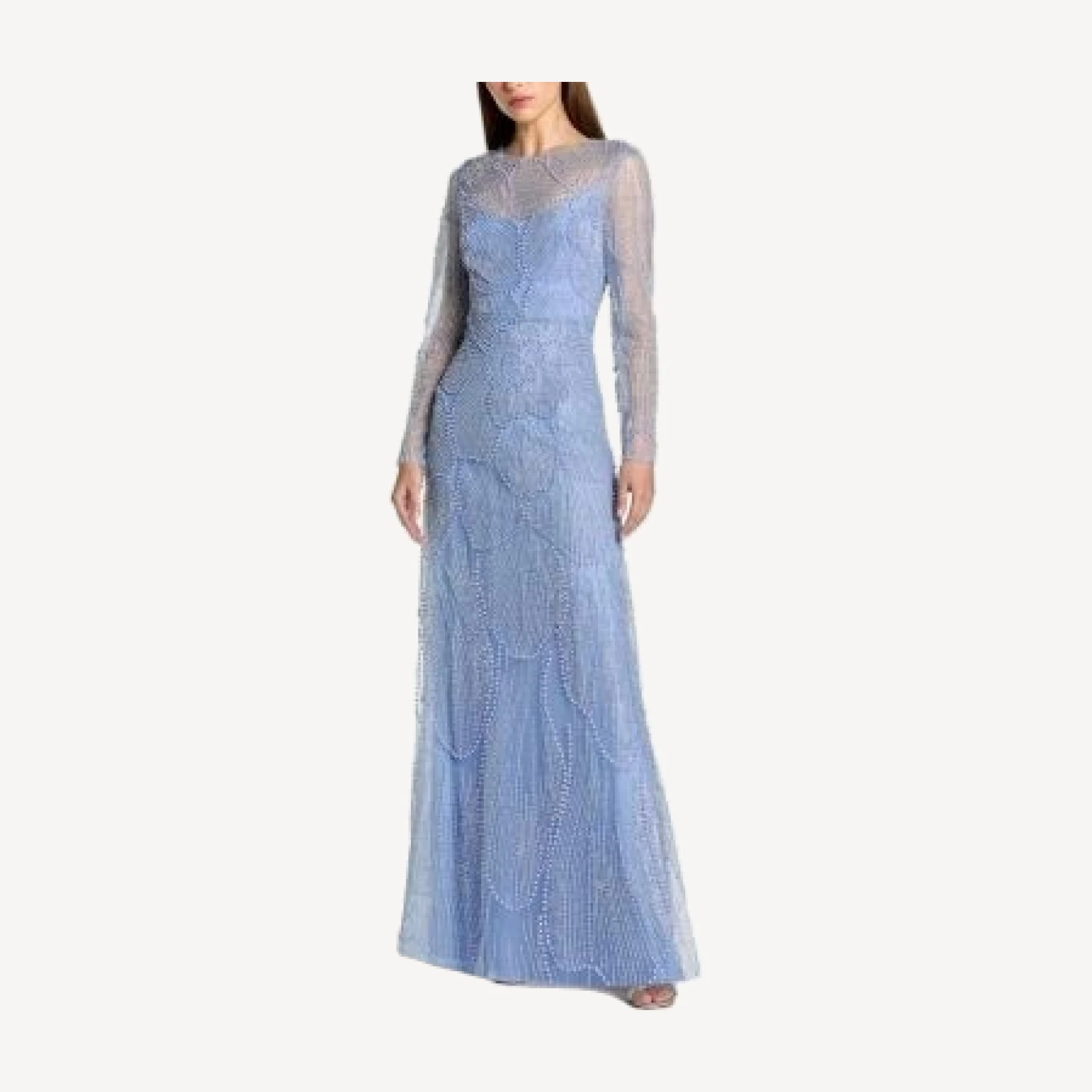 Mac Duggal Beaded Mesh High Neck Long Sleeve A Line Gown