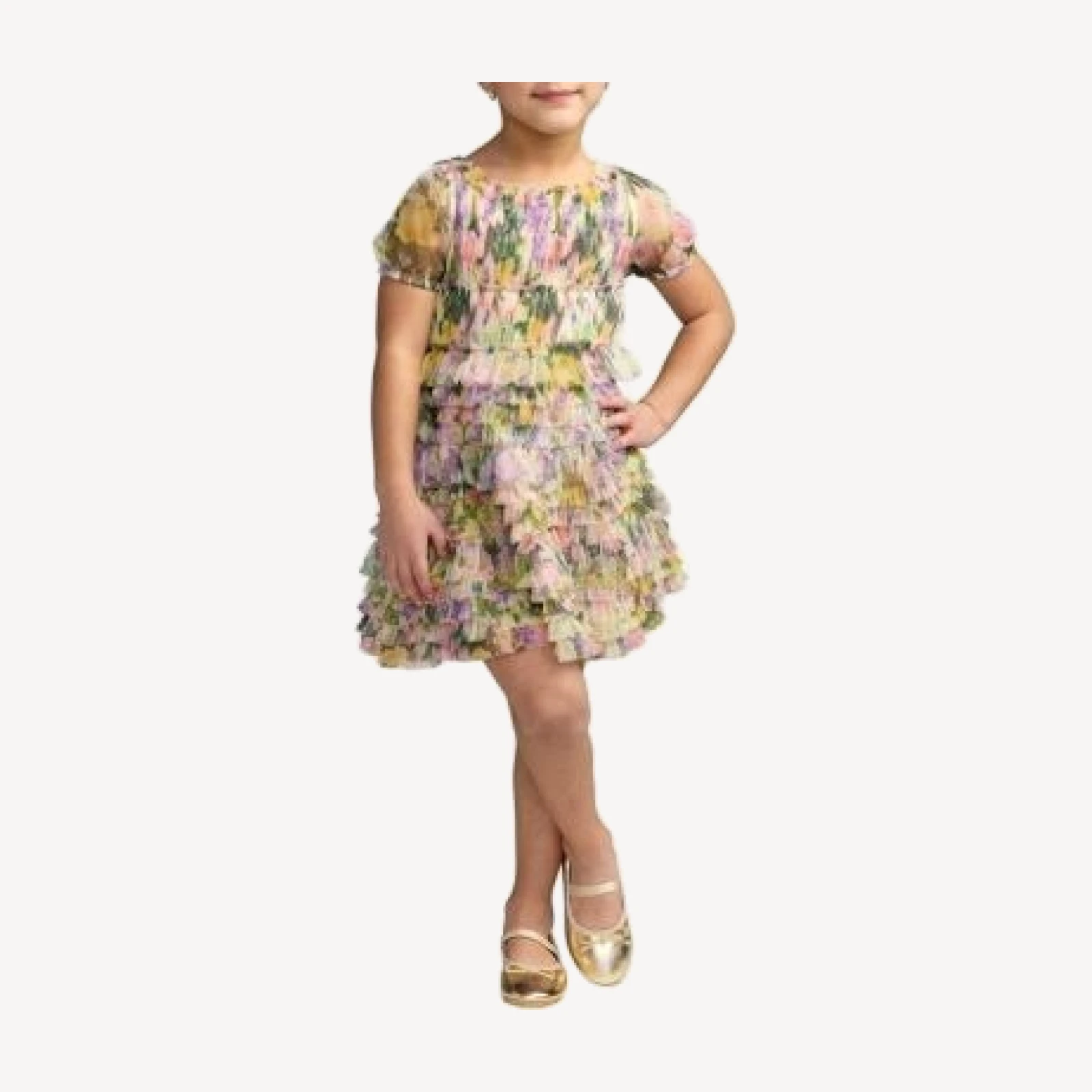Mac Duggal Girls' Floral Scoop Neck Ruffle Dress - Little Kid, Big Kid