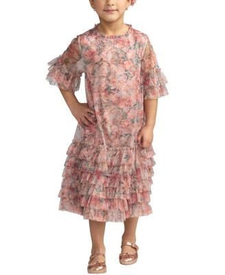 Mac Duggal Girls' Floral Printed Short Sleeve Ruffle Dress - Little Kid, Big Kid