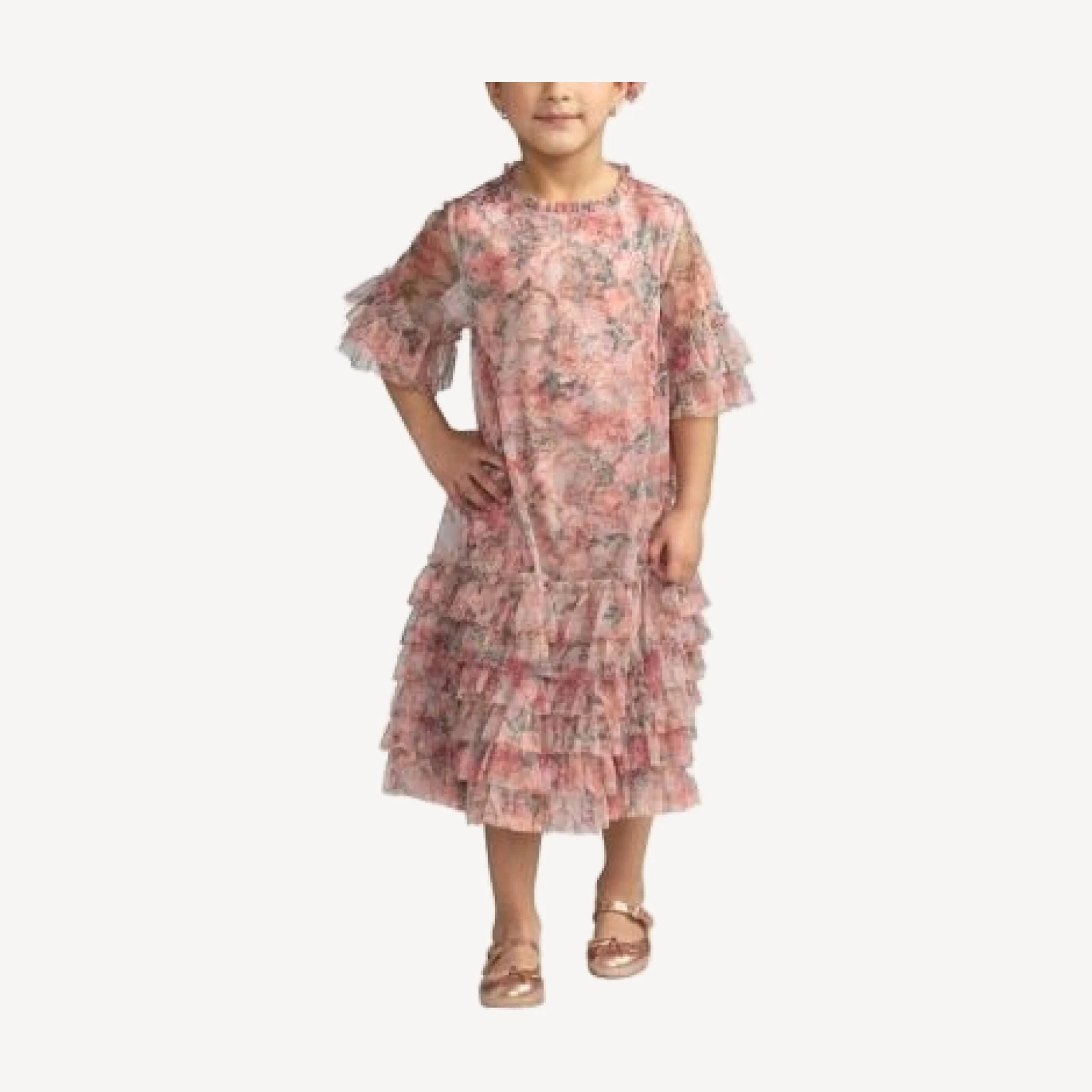 Mac Duggal Girls' Floral Printed Short Sleeve Ruffle Dress - Little Kid, Big Kid