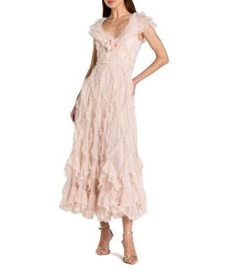 Mac Duggal Micro Ruffle Cap Sleeve A-Line Midi Dress
