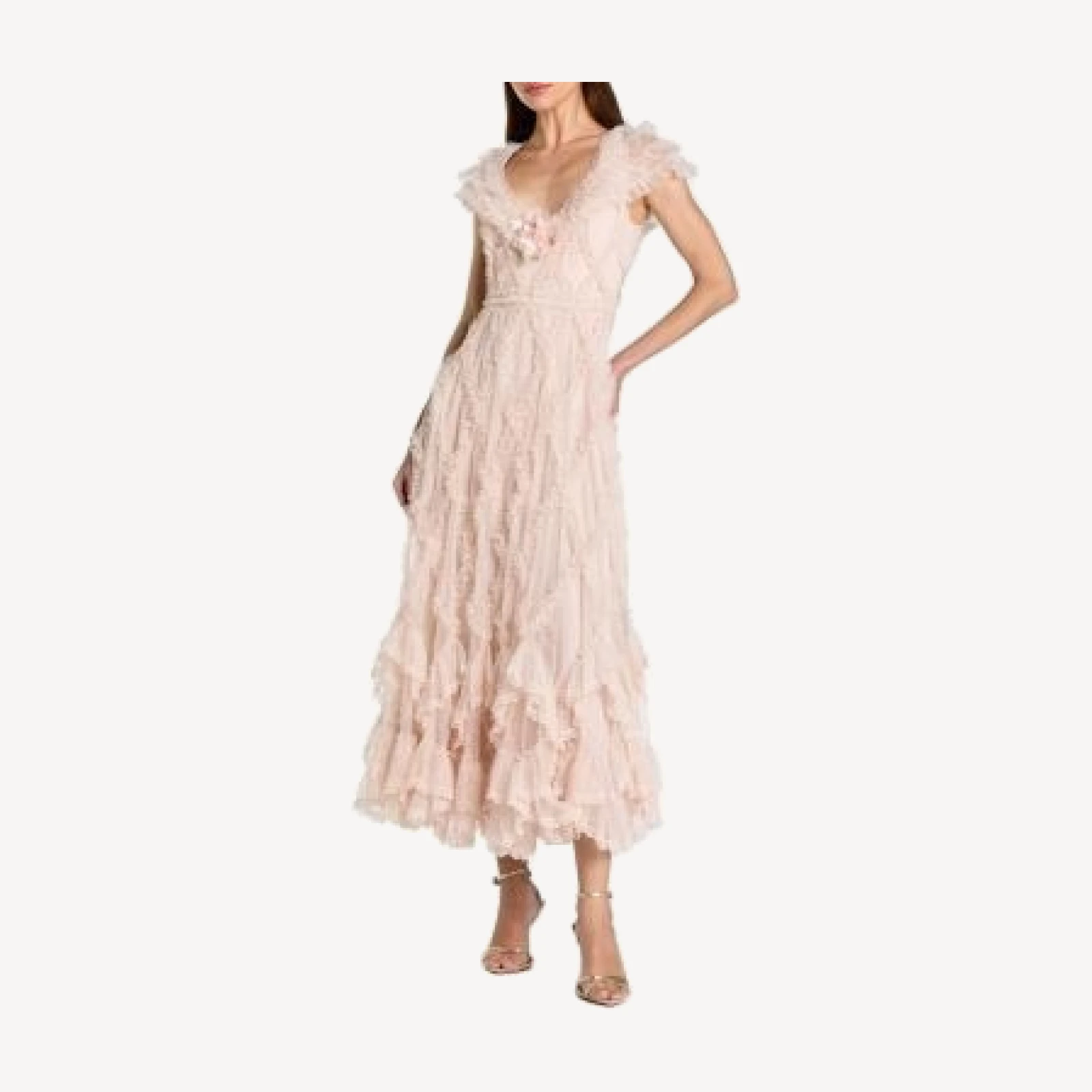 Mac Duggal Micro Ruffle Cap Sleeve A-Line Midi Dress