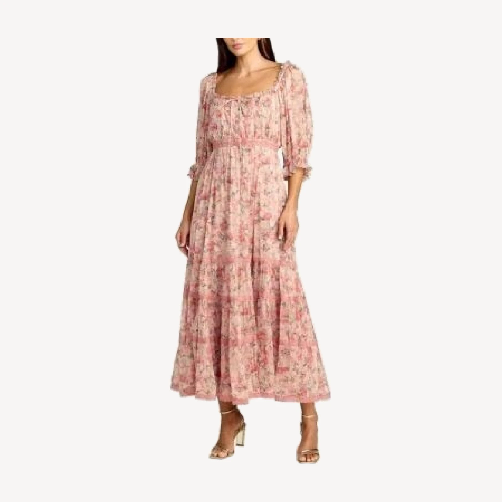 Mac Duggal Floral Printed Scoop Neck Midi Dress with 3/4 Sleeves