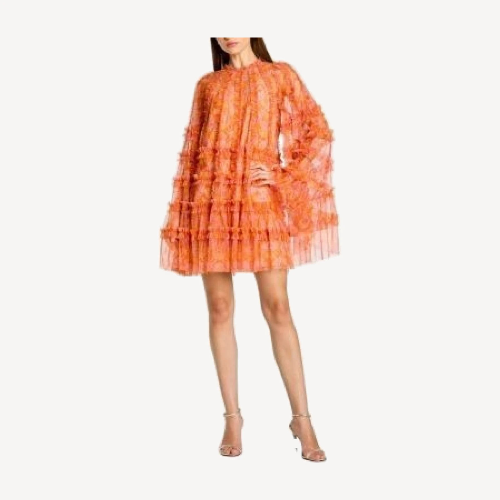 Mac Duggal Floral Print Long Flare Sleeve Mesh A-Line Dress