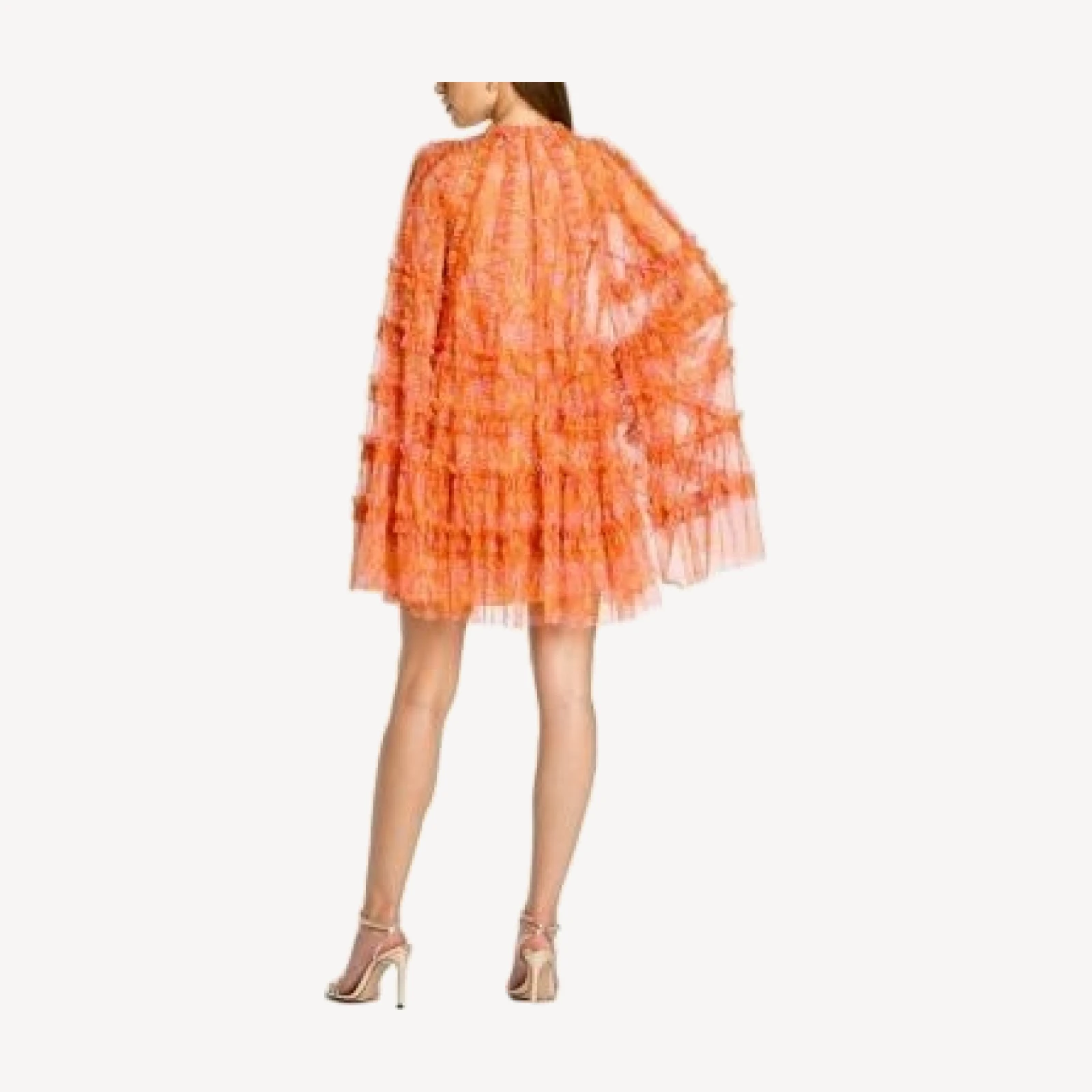 Mac Duggal Floral Print Long Flare Sleeve Mesh A-Line Dress