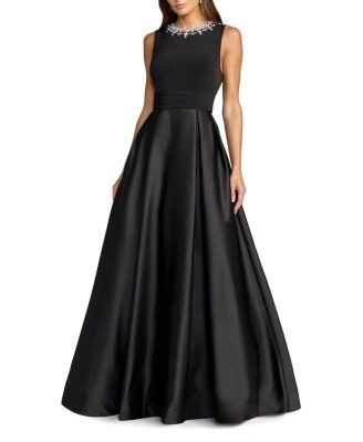 Mac Duggal Pearl-Embellished High-Neck Sleeveless A-Line Evening Gown