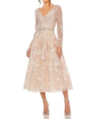 Mac Duggal Beaded Embroidered Long Sleeve V Neck Midi Dress