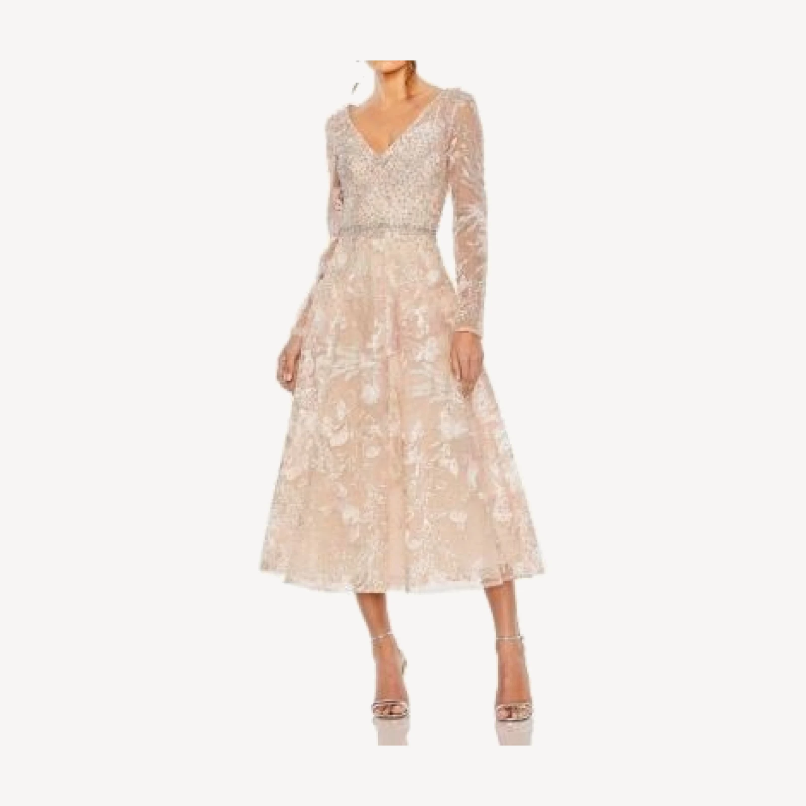 Mac Duggal Beaded Embroidered Long Sleeve V Neck Midi Dress