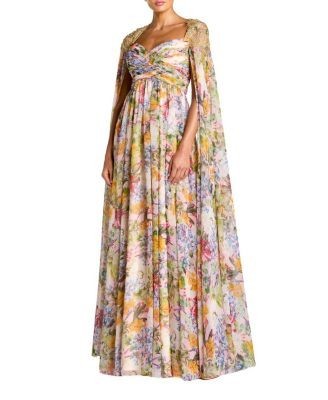 Mac Duggal Printed Chiffon Gown With Beaded Cape Sleeves
