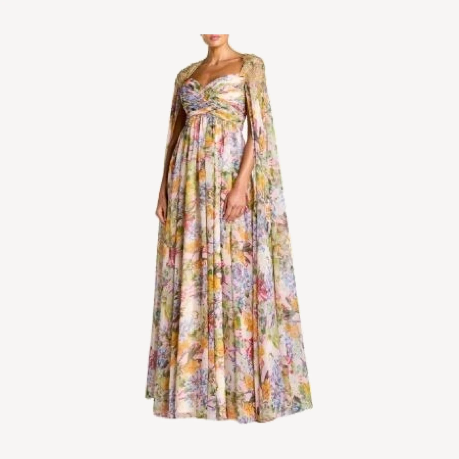 Mac Duggal Printed Chiffon Gown With Beaded Cape Sleeves