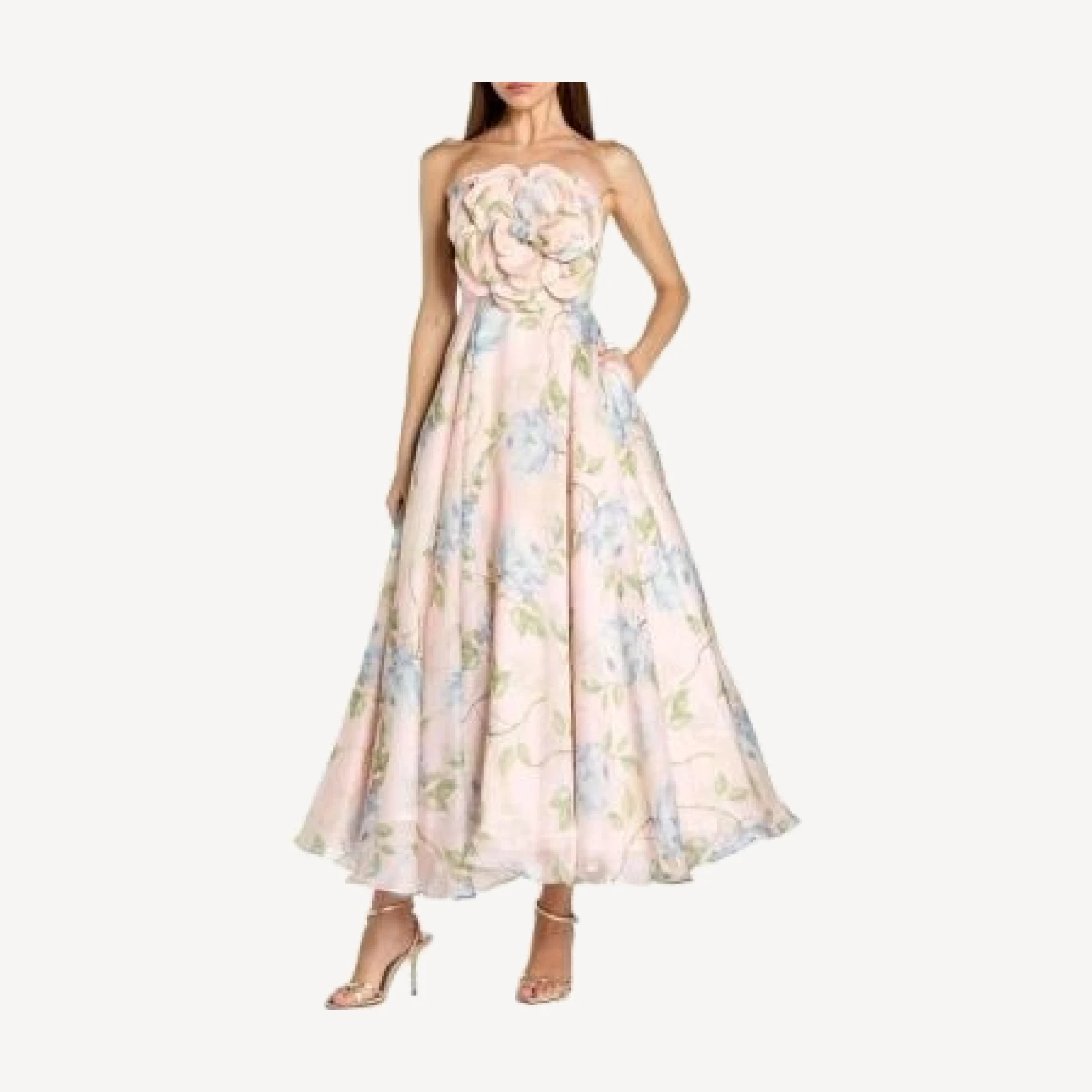 Mac Duggal Strapless Floral Organza Midi Dress with Flower