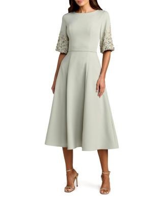Mac Duggal Crepe A Line Midi Dress with Beaded Sleeves