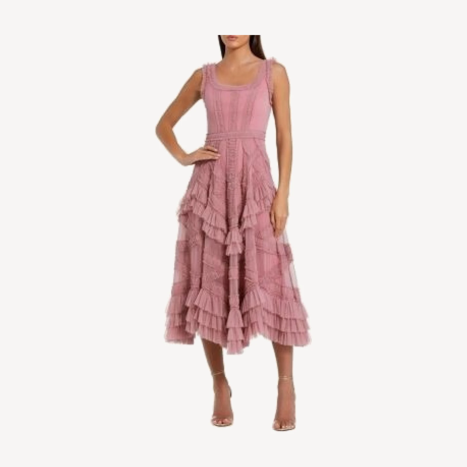 Mac Duggal Petite Scoop Neck Sleeveless Mesh Micro Ruffle Midi Dress