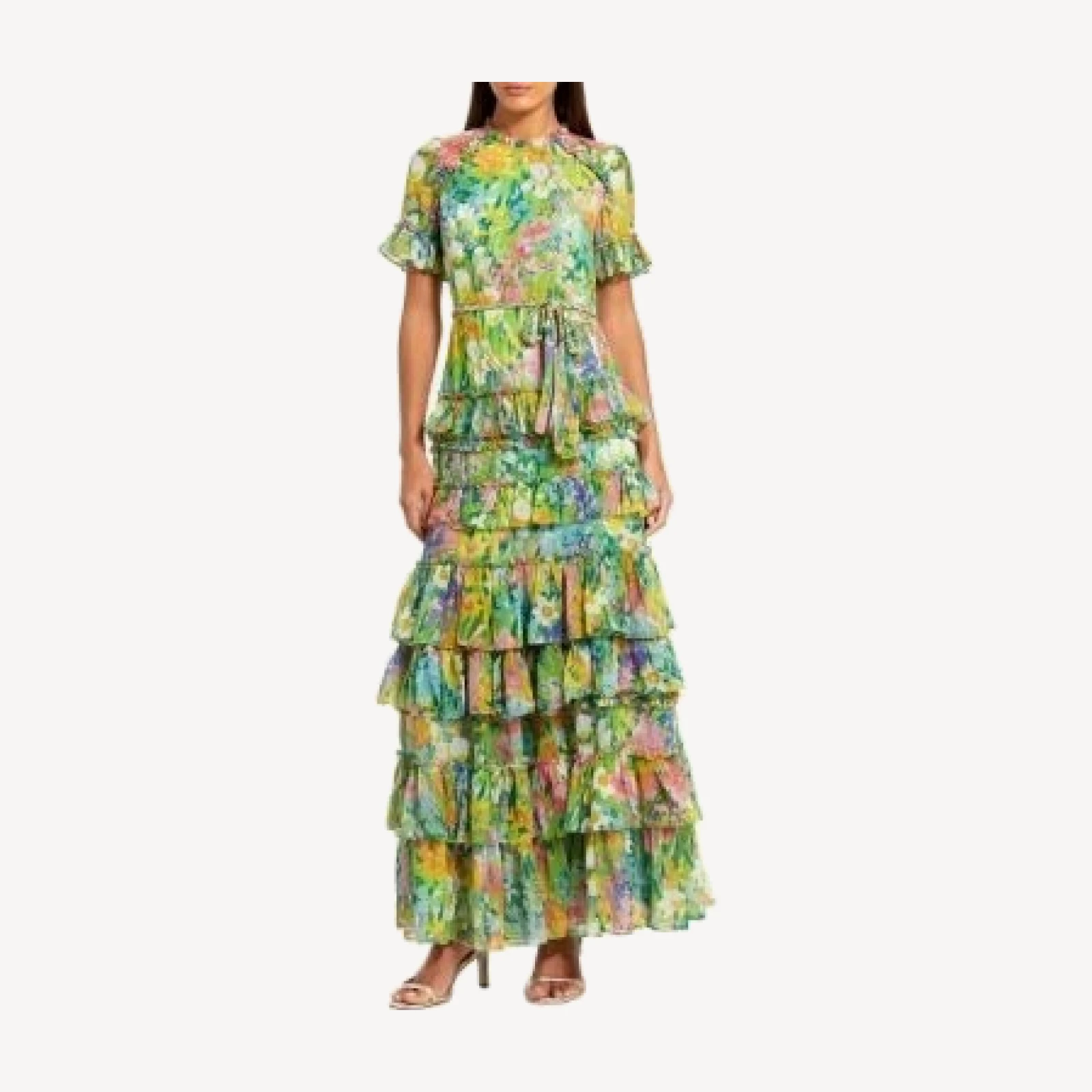 Mac Duggal Petite Green Ruffle Tiered Chiffon Floral Dress