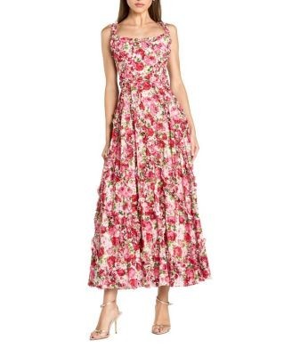 Mac Duggal Petite Floral Cotton Ruffle Square Neck Ankle Dress