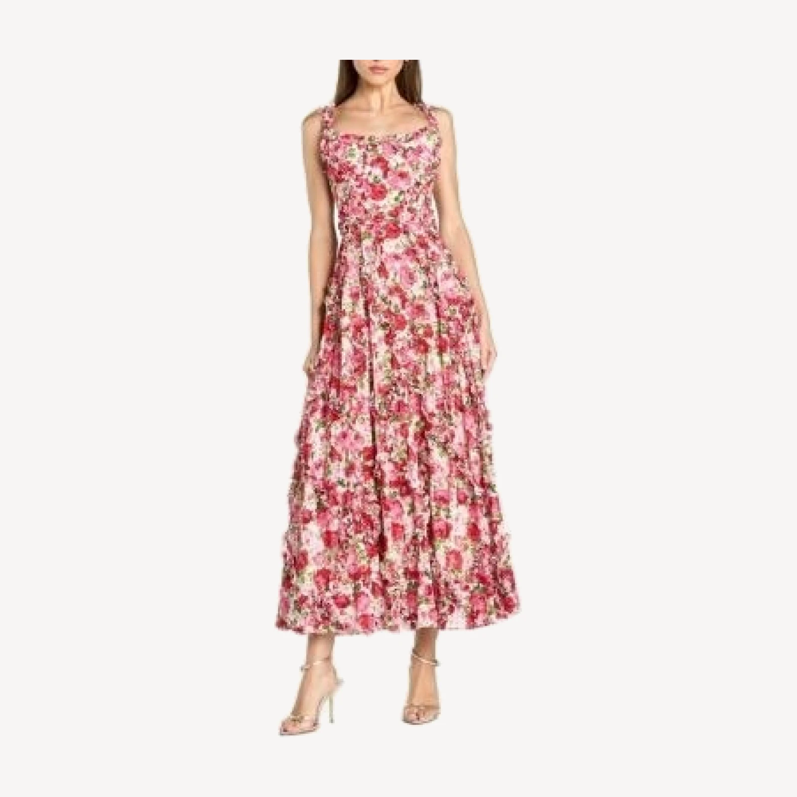 Mac Duggal Petite Floral Cotton Ruffle Square Neck Ankle Dress