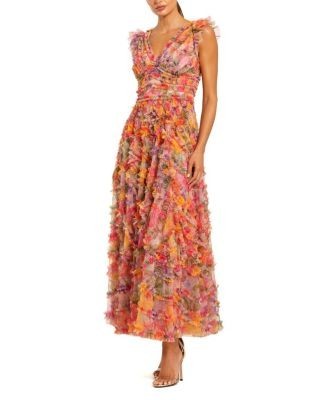 Mac Duggal Petite Multicolor Floral V-Neck Ruffle Maxi Dress