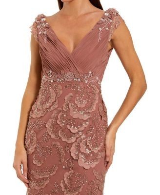 Mac Duggal Petite Floral Beaded Chiffon V-Neck Evening Gown
